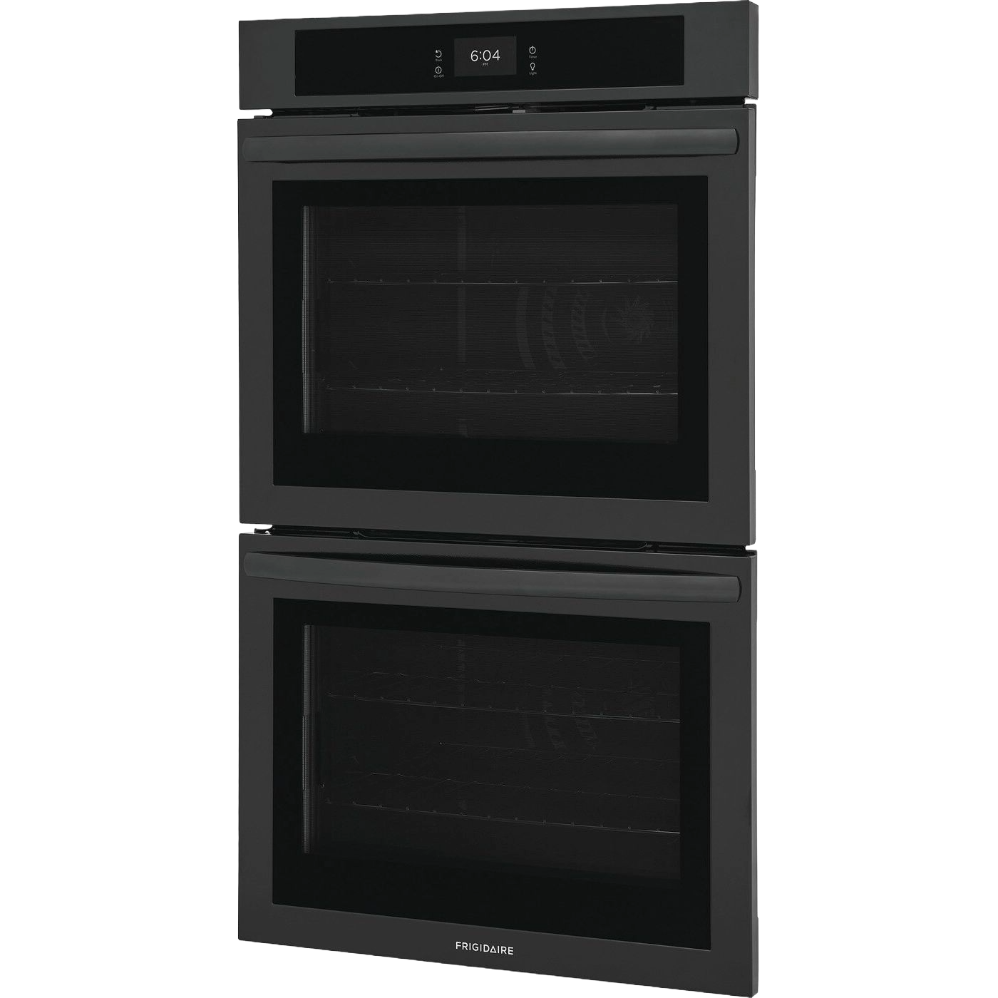 Sleek black double electric wall oven with fan convection, digital touch controls, and spacious interior for kitchen use