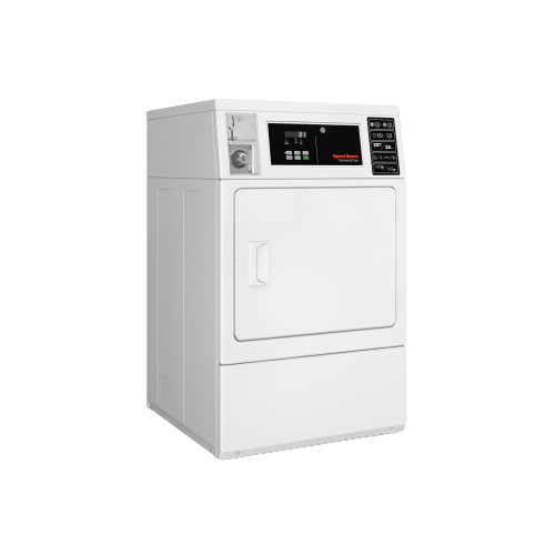 Commercial front control electric dryer with coin drop, white finish for appliances and home improvement use