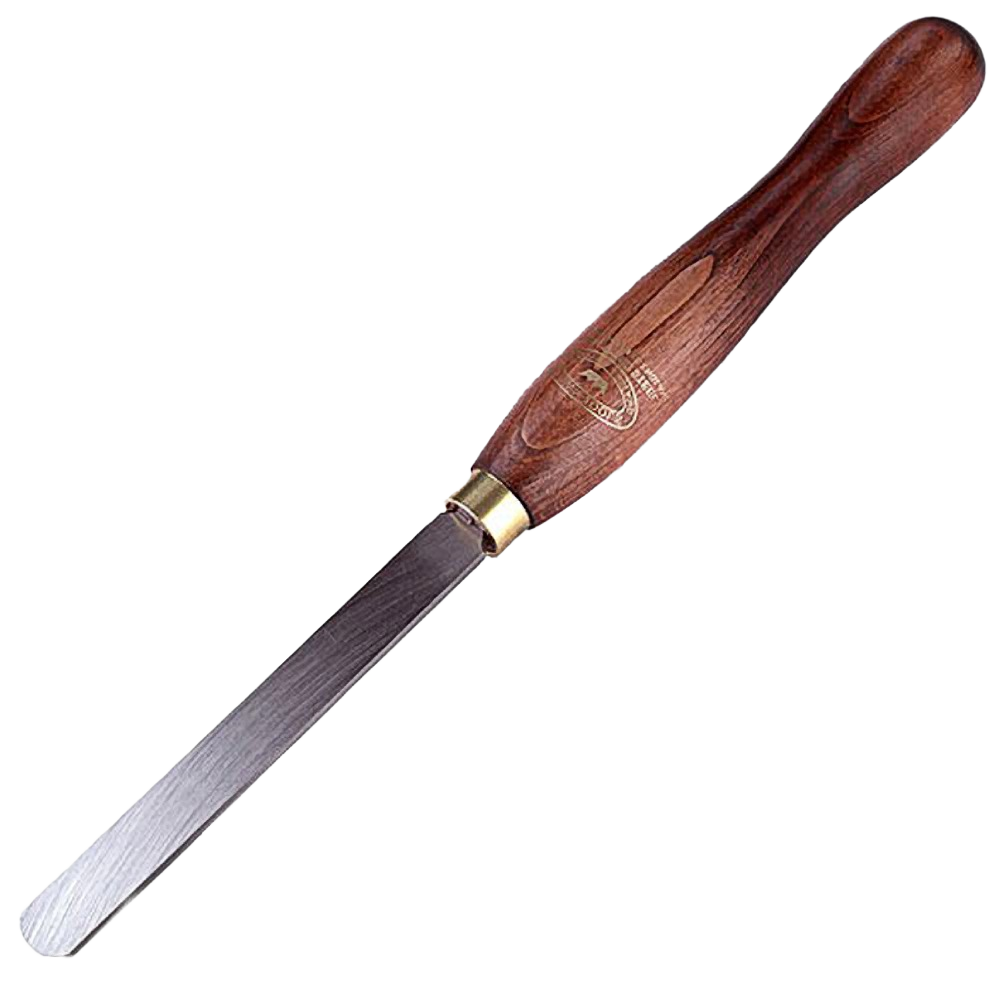 Woodworking tool with wooden handle and hardened steel blade designed for shaping curved or concave surfaces in home improvement tasks