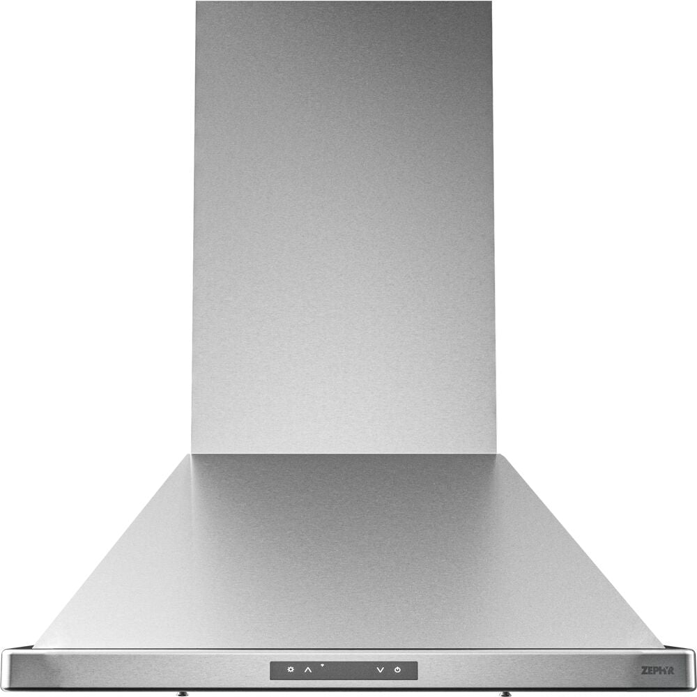 Stainless steel wall-mounted chimney range hood with pyramid design and LED controls in kitchen appliance collection