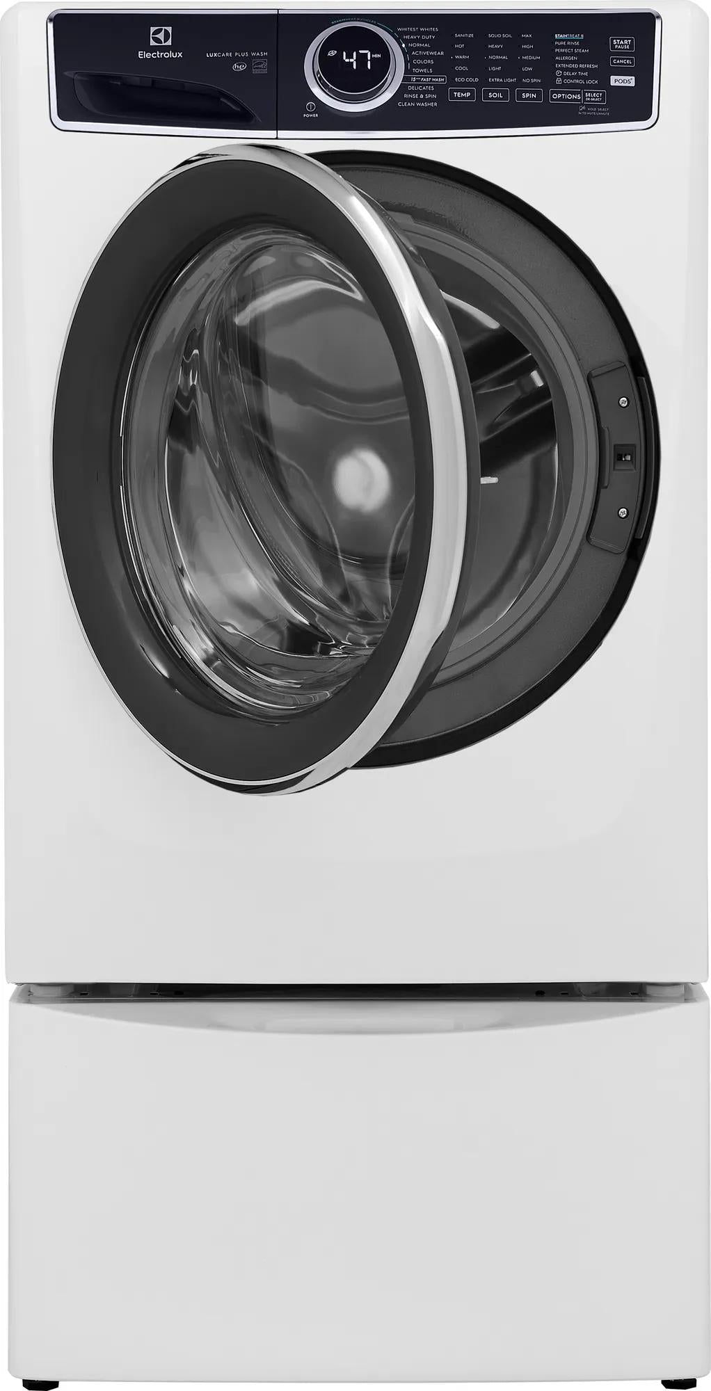 White front load washing machine with open door and digital control panel, part of washers and dryers appliances collection