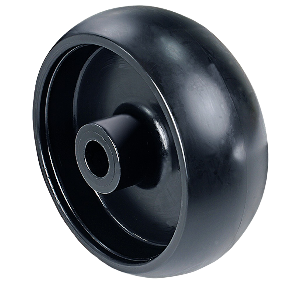 Black durable deck gage wheel designed to prevent turf damage for lawn mower in automotive and garden tool accessories collections