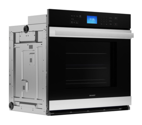 Electric built-in wall oven with stainless steel handle, edge-to-edge black glass, digital display from kitchen appliances collection