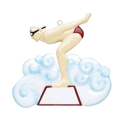 Boy swimmer ornament in red swim trunks and white cap poised to dive on platform for Christmas tree decoration under $50 collection