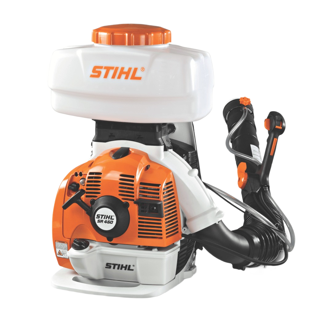 Orange and white backpack sprayer with ergonomic straps and a fuel tank for home improvement tasks