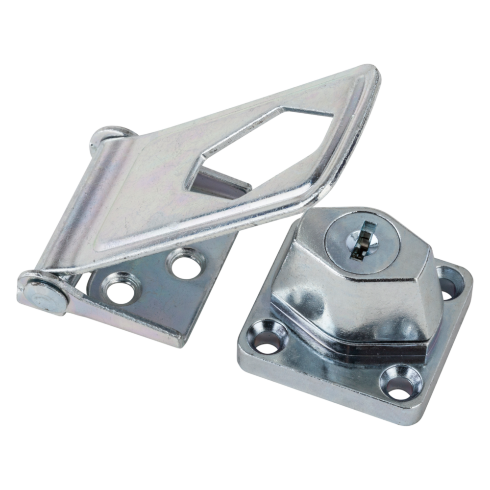 Zinc-plated key locking hasp with hinge and lock base for secure door and gate access in hardware and home improvement tools