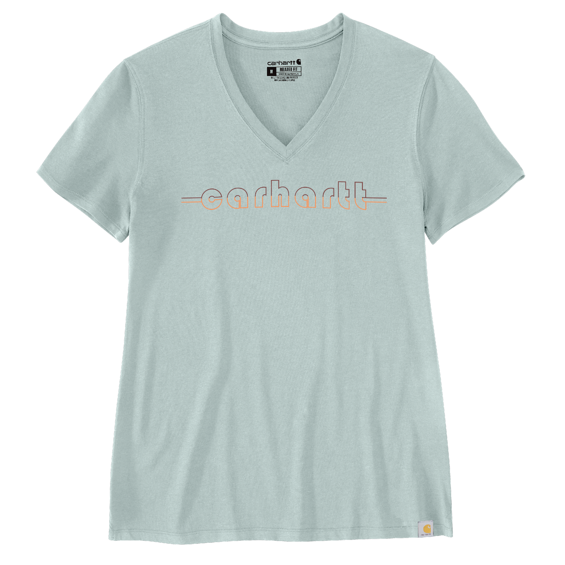 Light blue women's V-neck short sleeve shirt with subtle graphic logo across the chest for casual wear