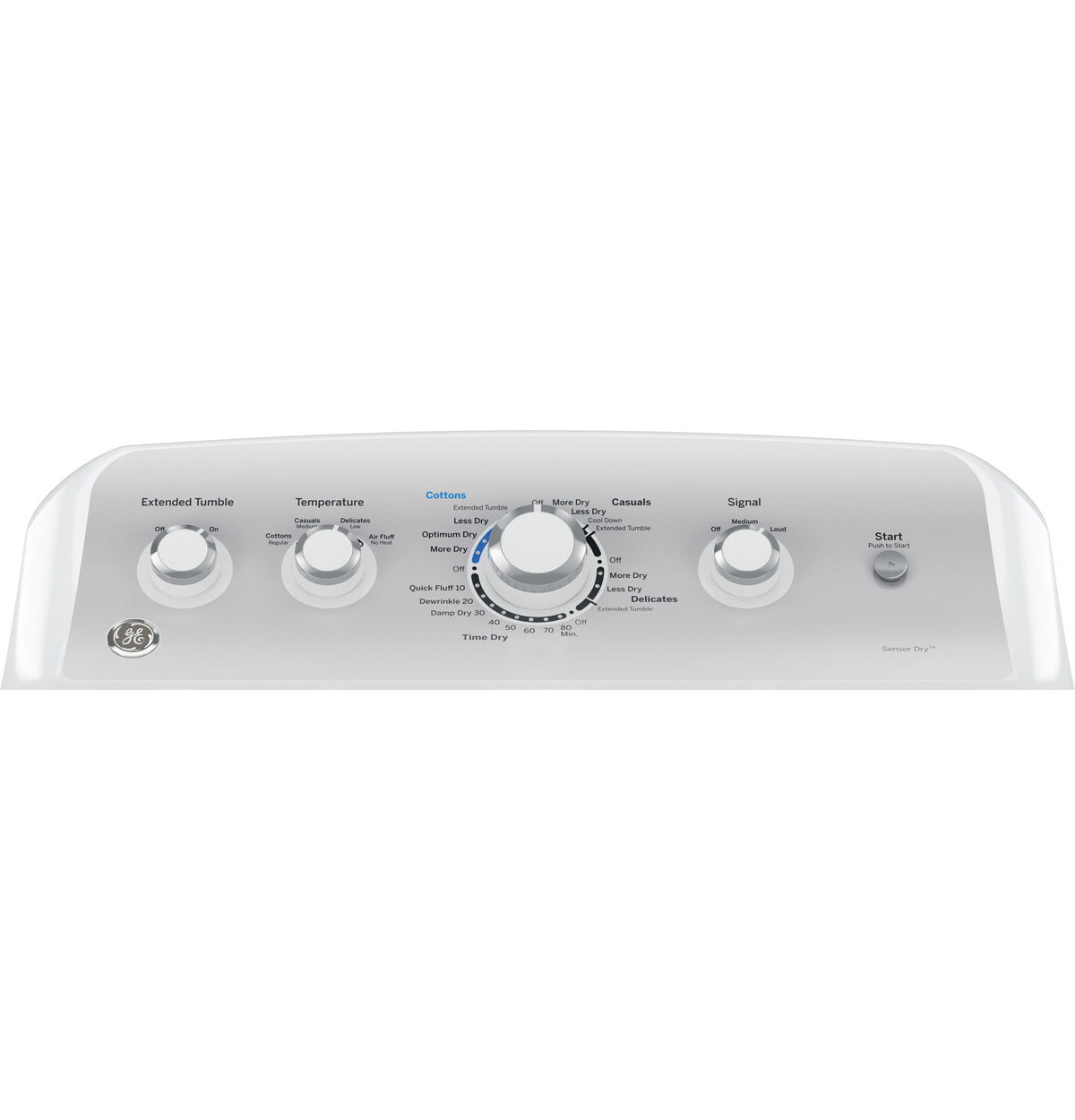 Control panel of white electric dryer with multiple cycle options and sensor dry feature from Dryers and Appliances collections