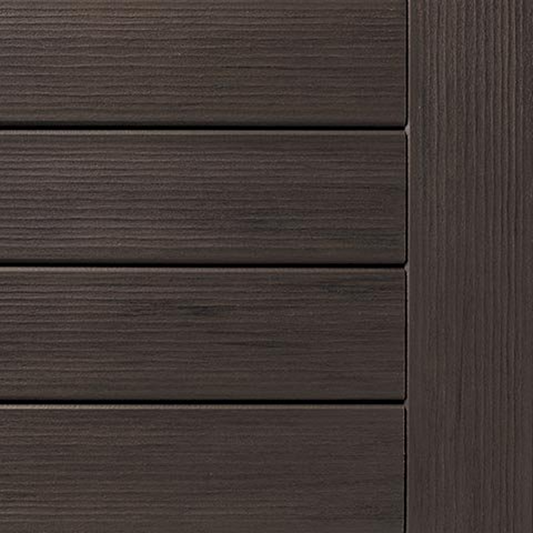 Close-up of espresso-colored composite riser board with textured wood grain for home improvement projects