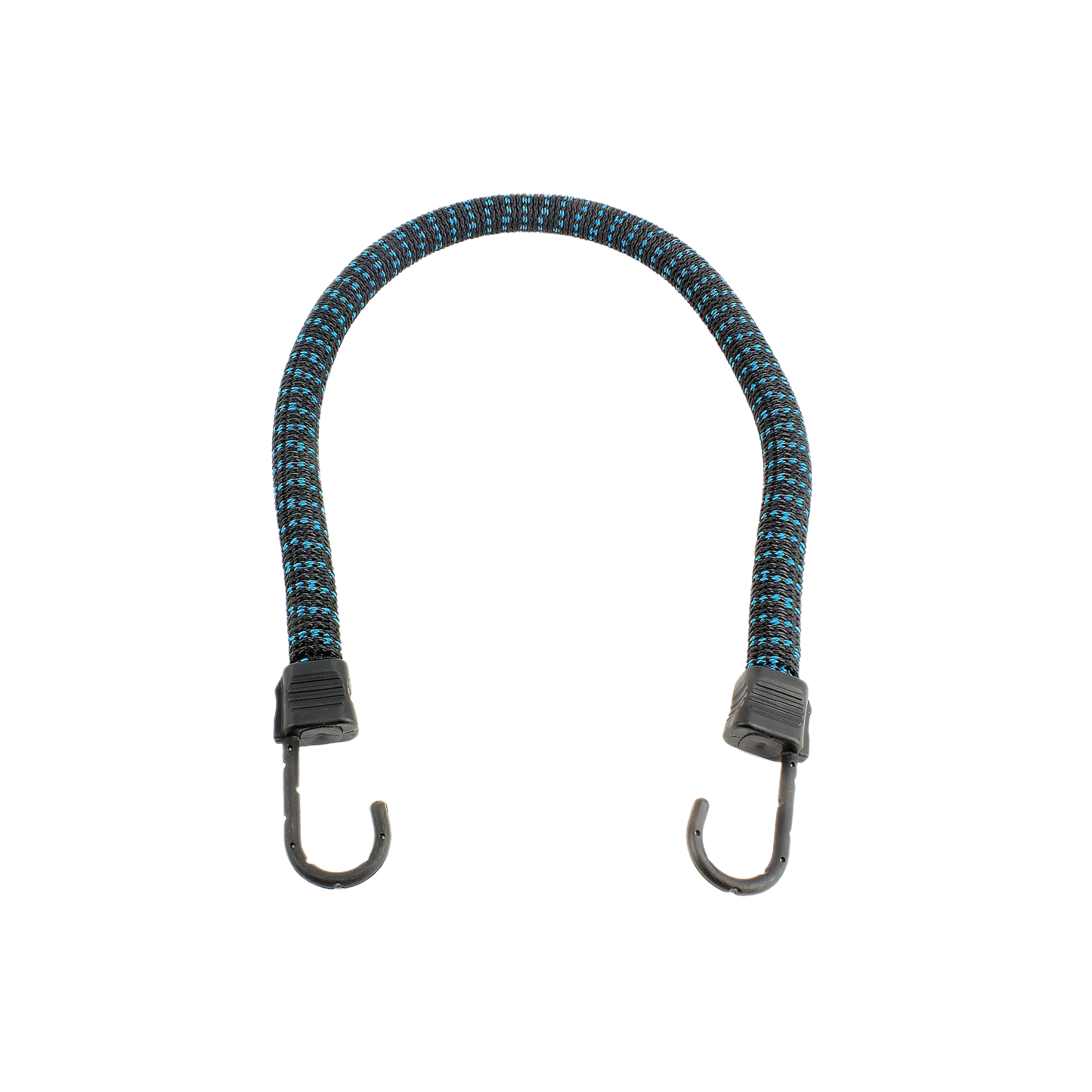 Flexible 24-inch black and blue braided cord with metal hooks for securing items in home improvement tasks