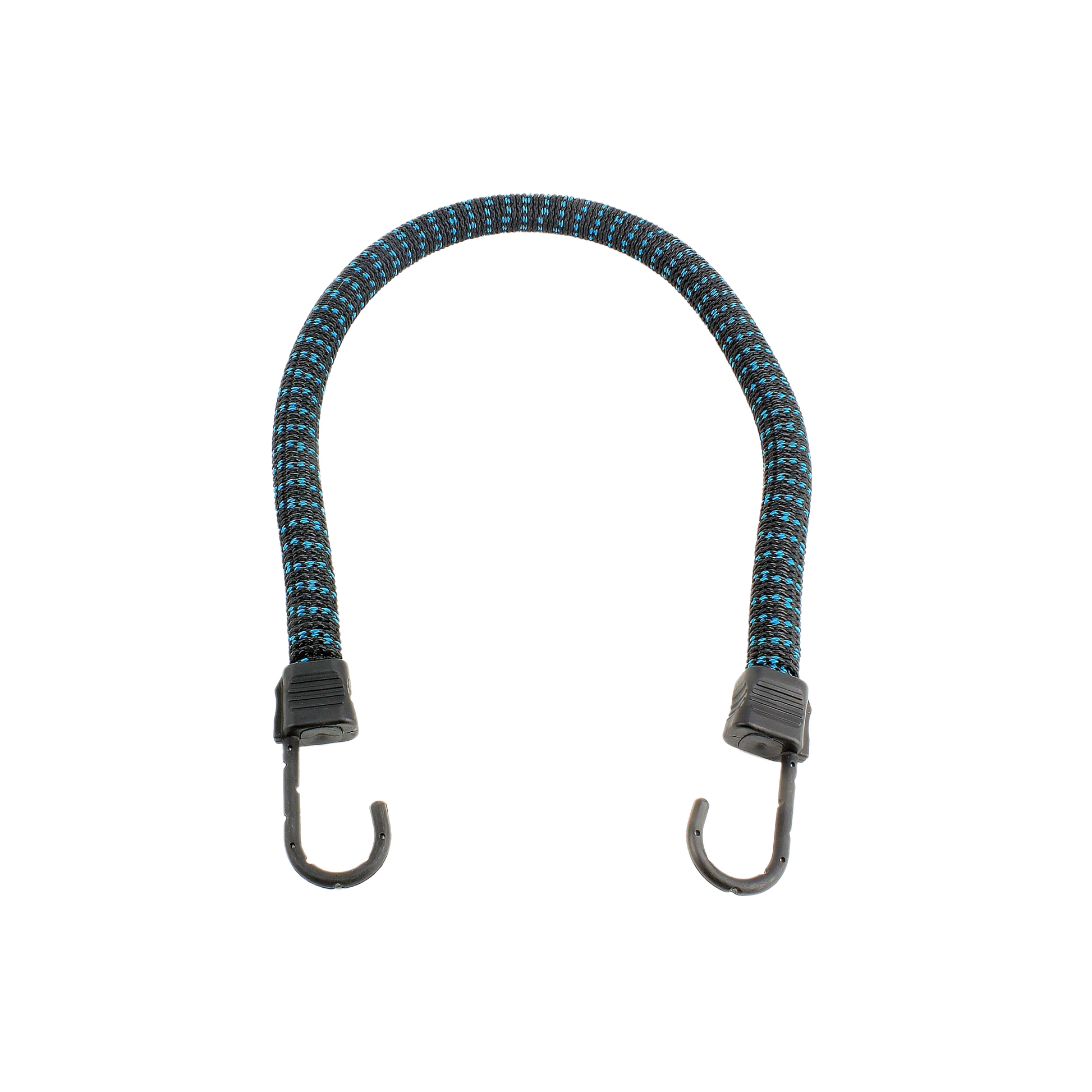 Flexible 24-inch black and blue braided cord with metal hooks for securing items in home improvement tasks
