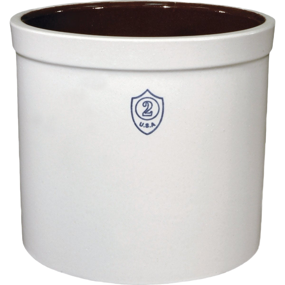 White 2-gallon stoneware crock with brown interior and blue USA shield stamp on front
