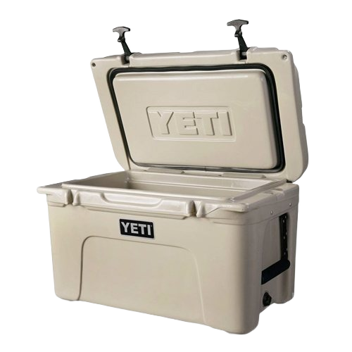 Beige durable hard cooler with secure latches and thick insulation for food storage and outdoor organization collections