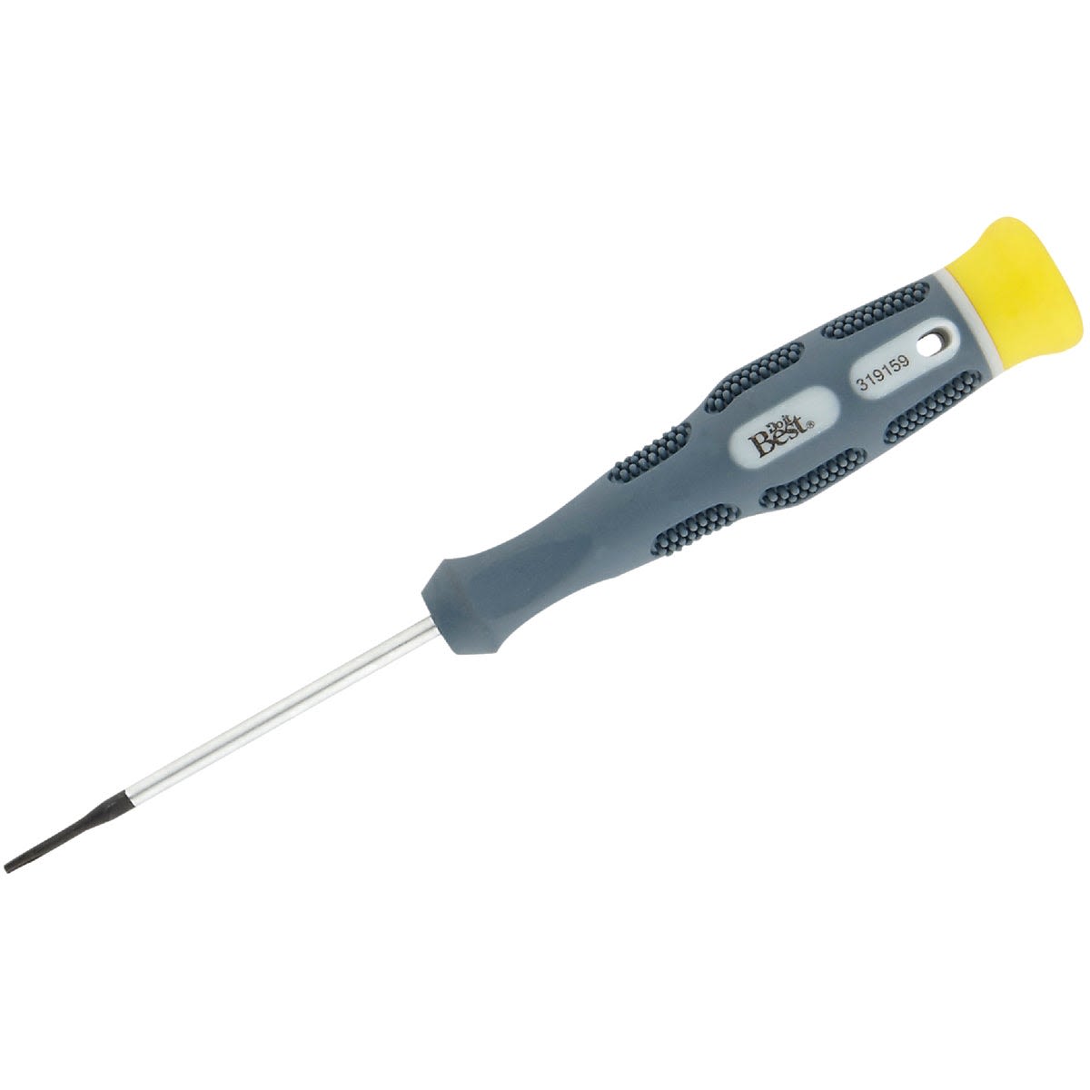 Gray and yellow precision screwdriver with textured grip and size 6 Torx tip for tools and home improvement projects
