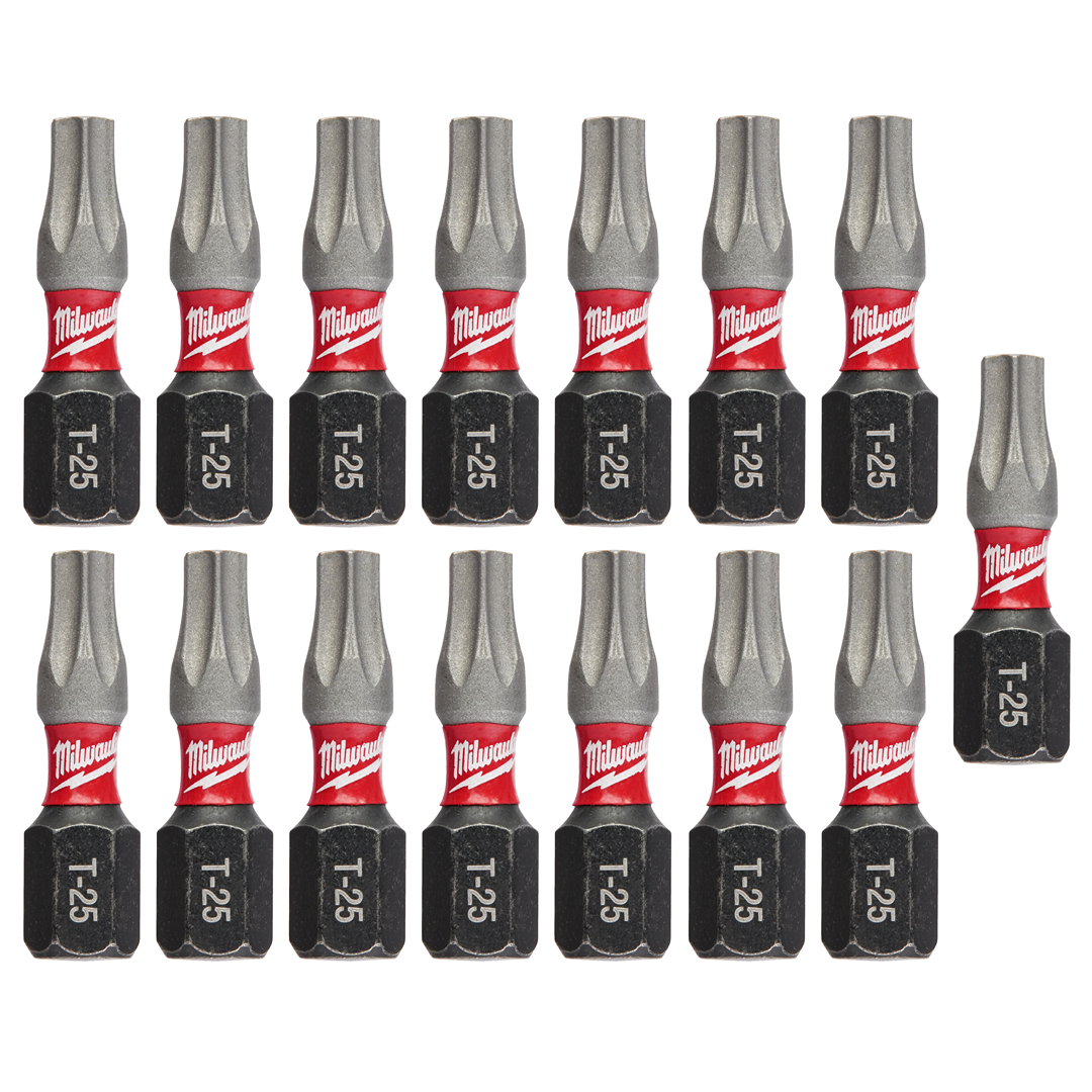 Fifteen Milwaukee T25 impact driver bits with Wear Guard Tip, part of power tool accessories and drill bits collections
