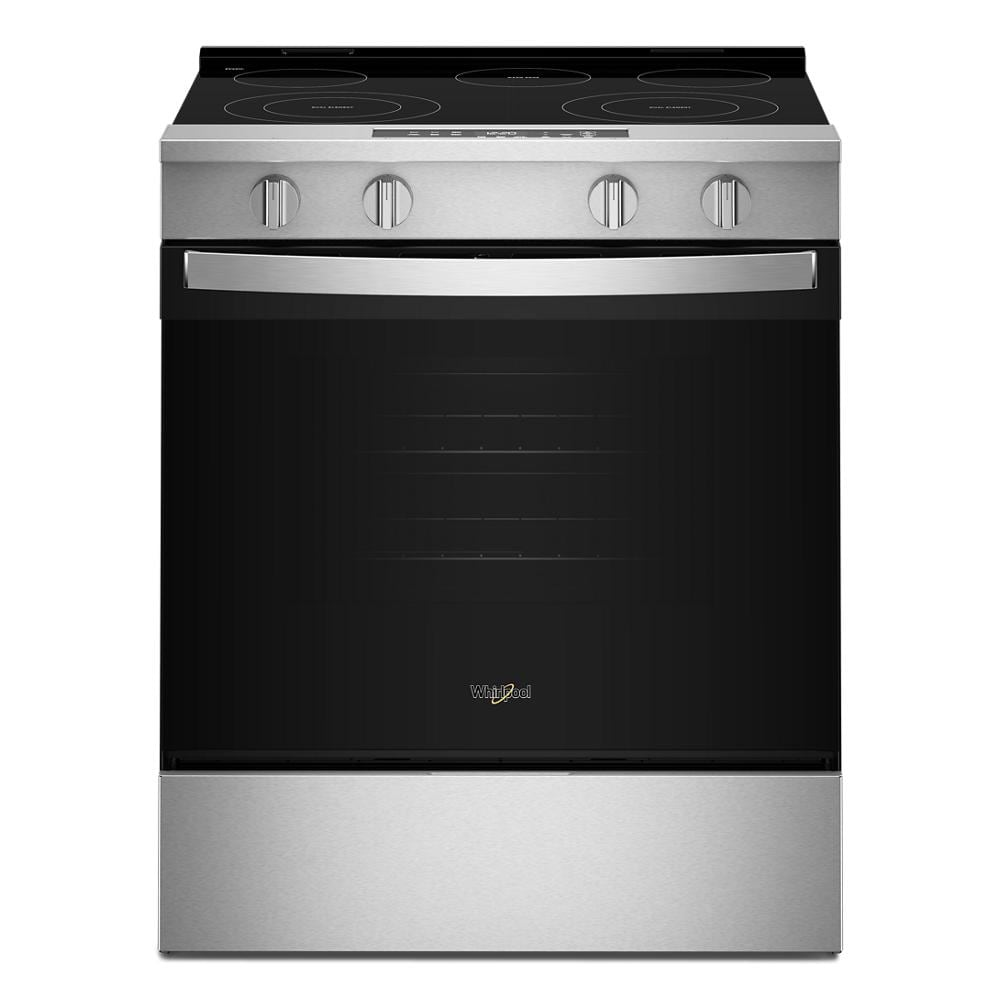 Front view of a stainless steel 30-inch electric range with four control knobs, smooth cooktop, and large oven door, ideal for electric ranges and kitchenware collections.