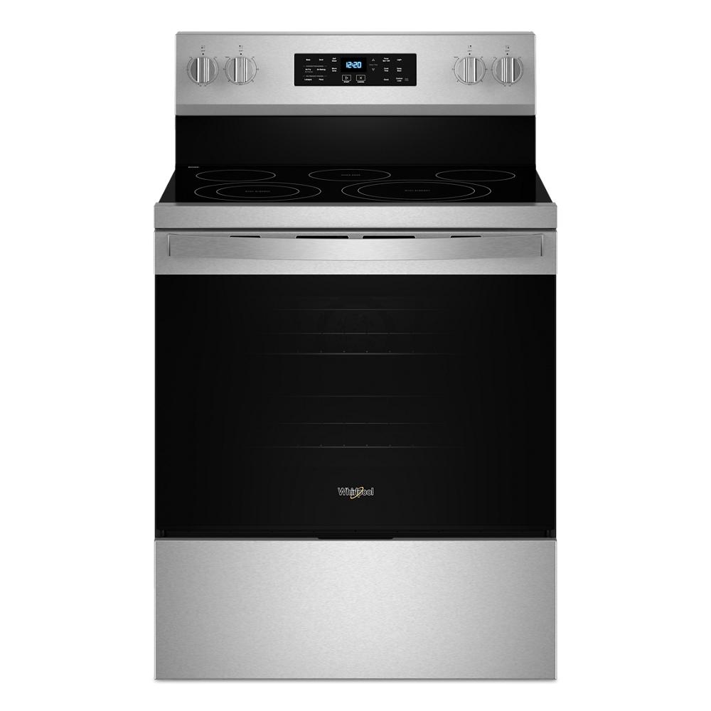 30-inch stainless steel electric range with digital display, glass cooktop, and multiple heating elements in ranges collection