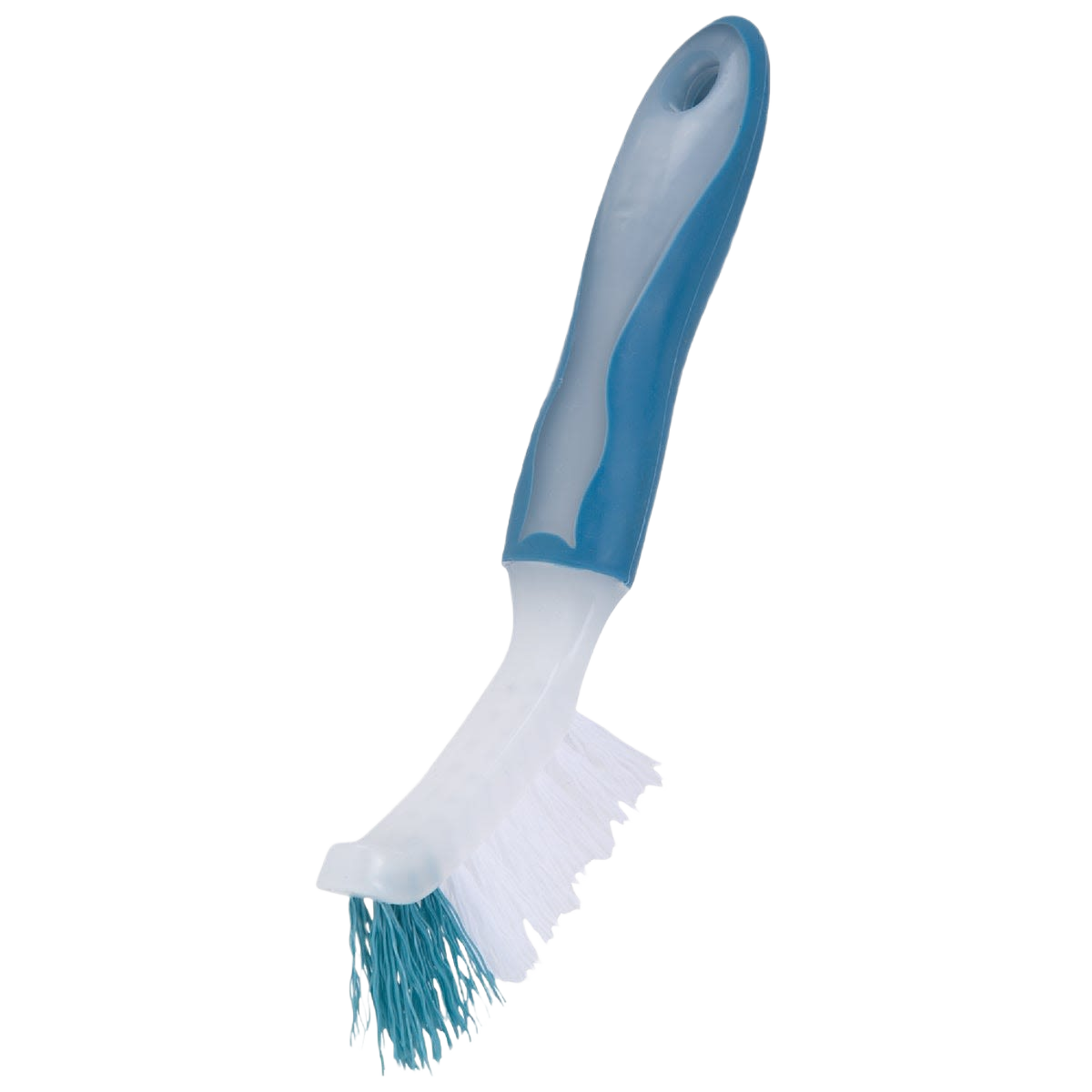 Blue and white grout cleaning brush with ergonomic rubber grip and hanging hole for home improvement cleaning tasks