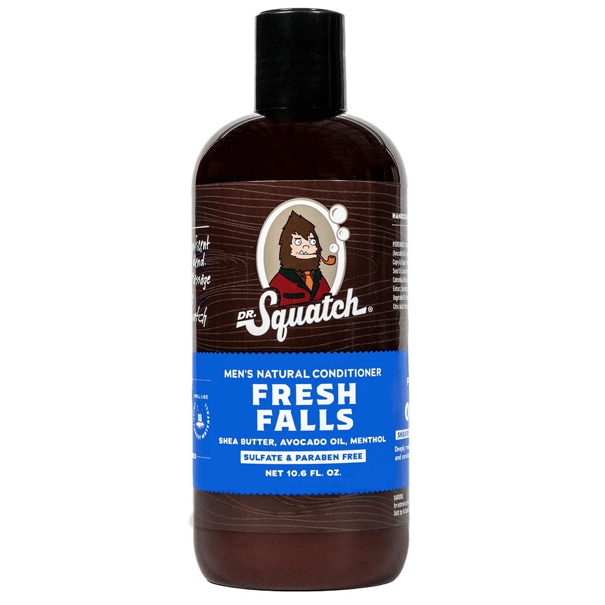 Brown bottle of sulfate and paraben free men's conditioner with blue label featuring natural ingredients and brand logo