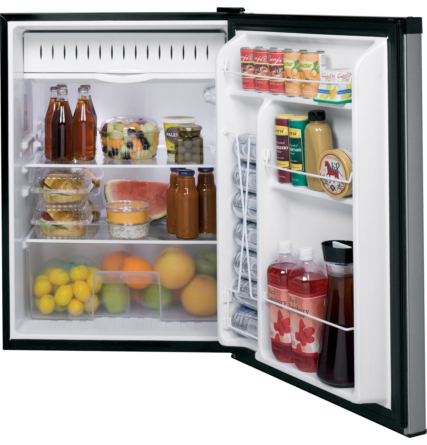 Compact refrigerator with open door showing organized shelves stocked with beverages and fresh fruits in kitchen appliances collection