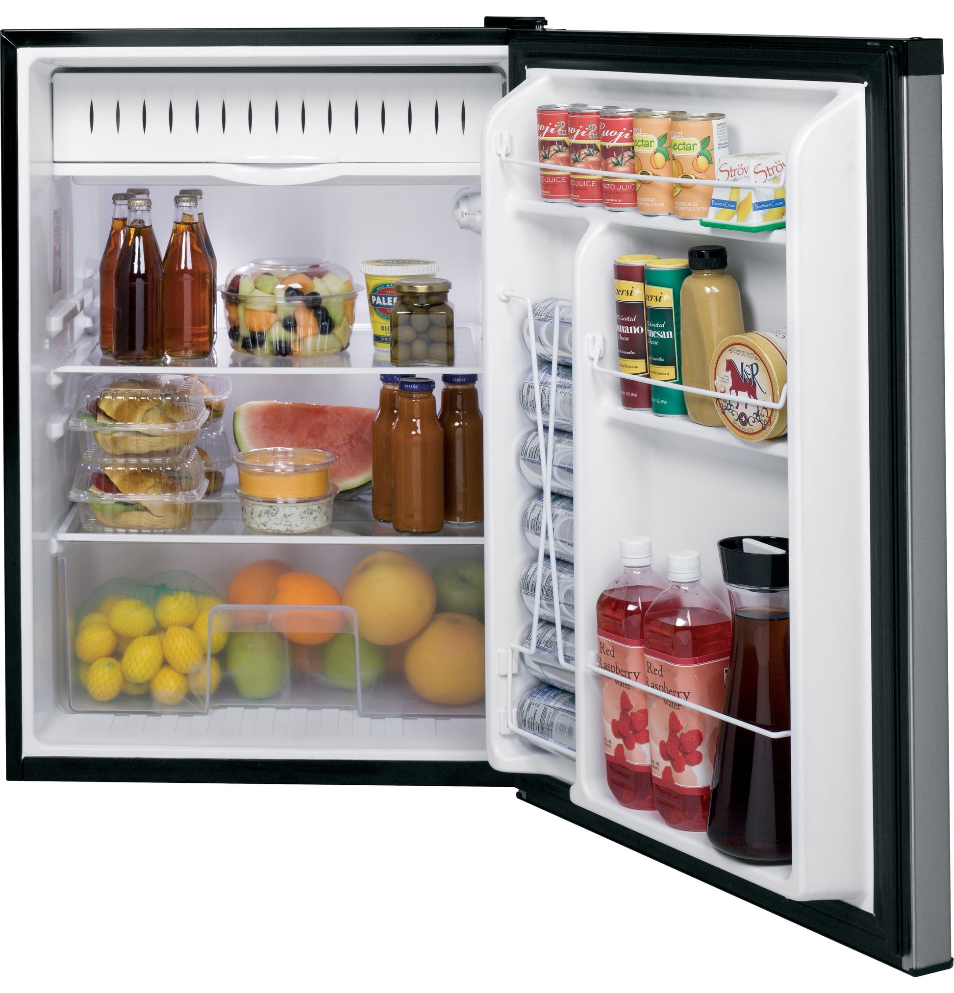 Compact refrigerator with open door showing organized shelves stocked with beverages and fresh fruits in kitchen appliances collection