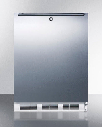 Built-in compact refrigerator-freezer with a stainless steel door and ventilation grill for kitchen appliances collections