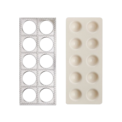 Aluminum ravioli mold with 10 round cavities and cream plastic dough press for kitchen gadget use under $50