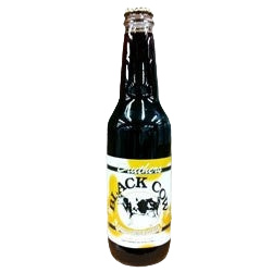 Glass bottle of dark root beer labeled Black Cow with vintage-style cow illustration and yellow accents