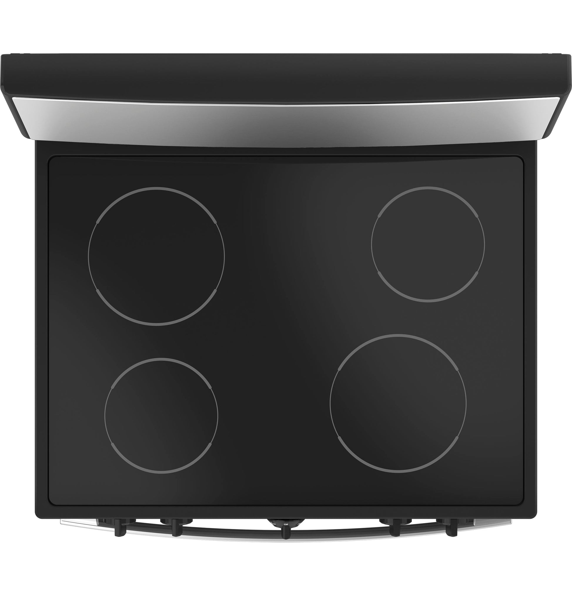 Top view of black smooth electric radiant cooktop with four burners in kitchen appliance range collection