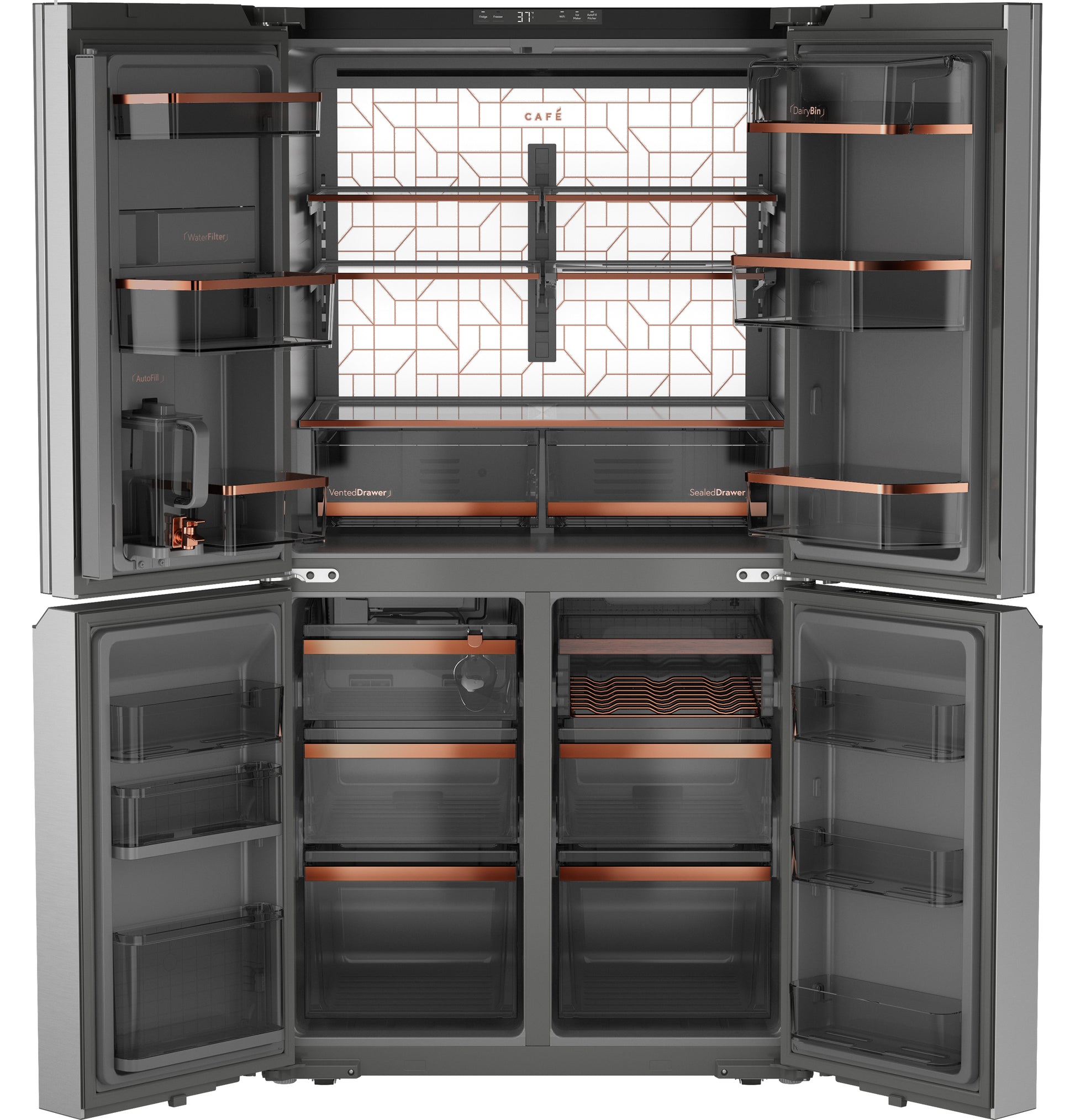 Open smart counter-depth refrigerator in platinum glass with spacious shelves and copper-accented storage in appliances collection