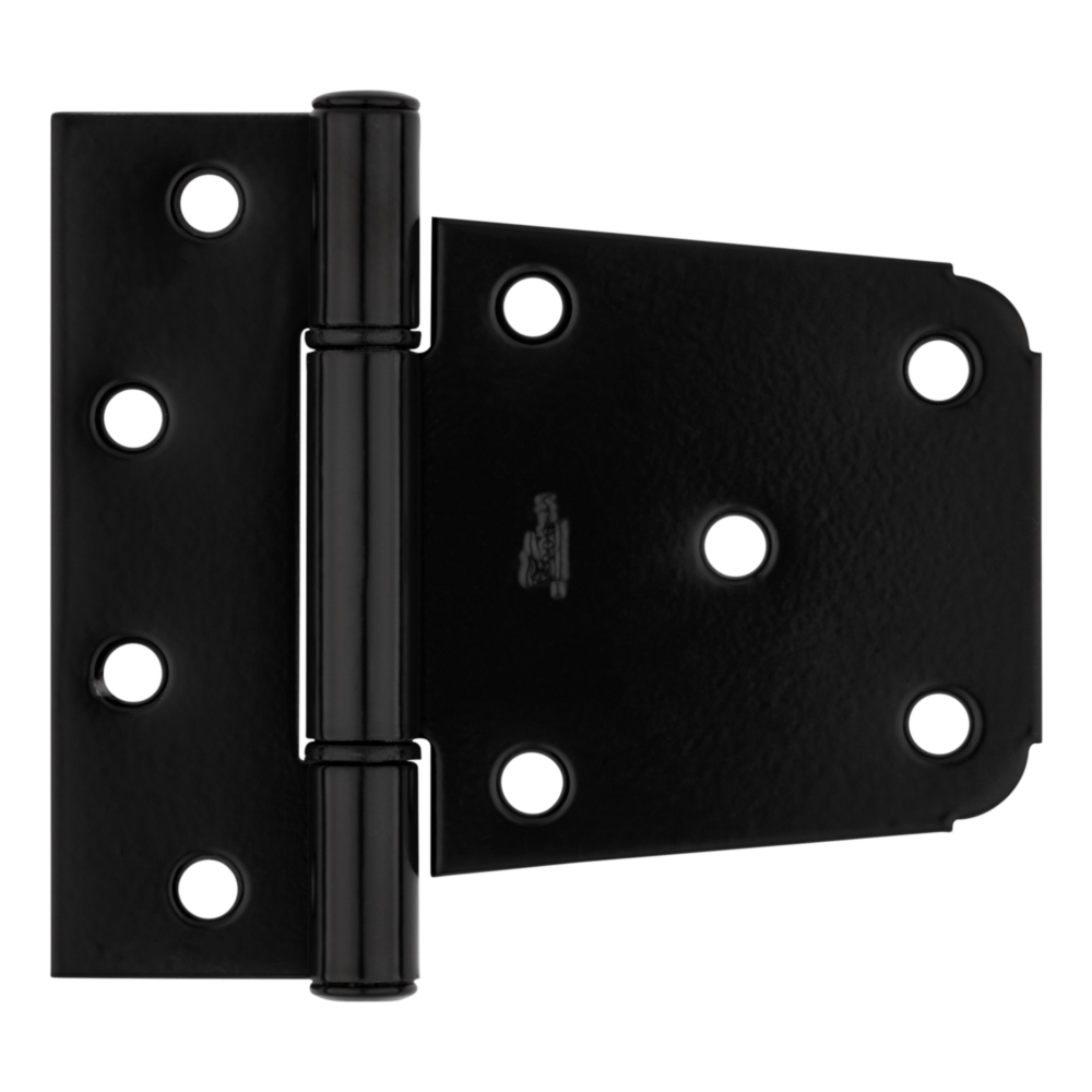 Black extra heavy-duty gate hinge with multiple mounting holes for secure outdoor gate hardware applications under $50