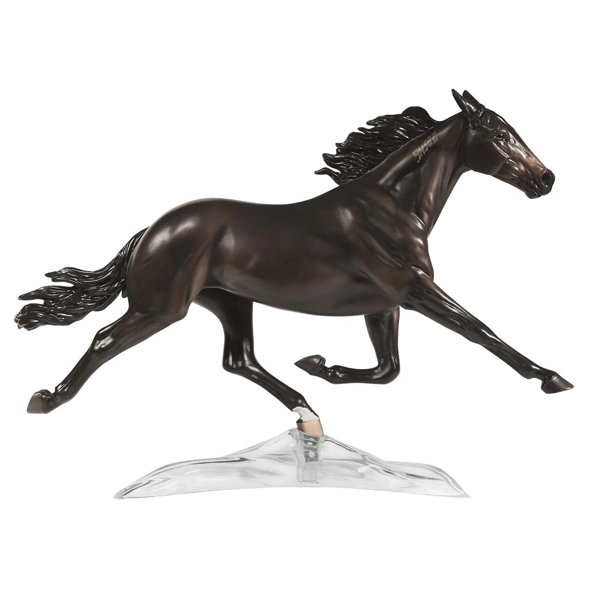 Glossy dark brown racehorse figurine in mid-gallop pose mounted on clear plastic display stand