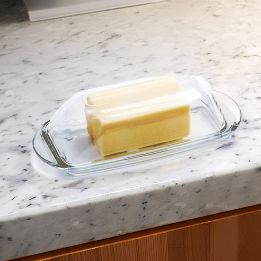 Crystal glass butter dish with clear cover holding two butter sticks for kitchenware and under $50 collection