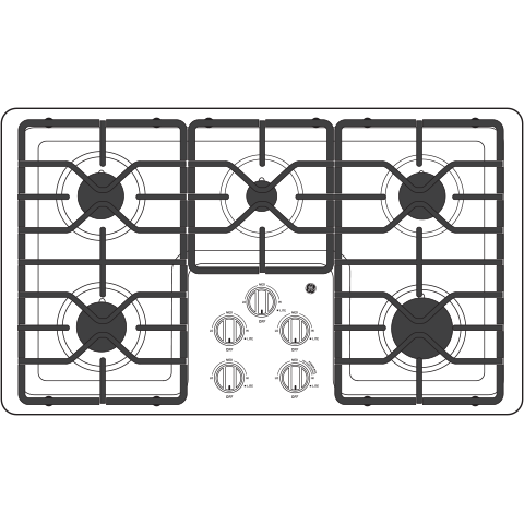 Top view of a stainless steel built-in gas cooktop with five burners and dishwasher-safe grates in a modern kitchen setting