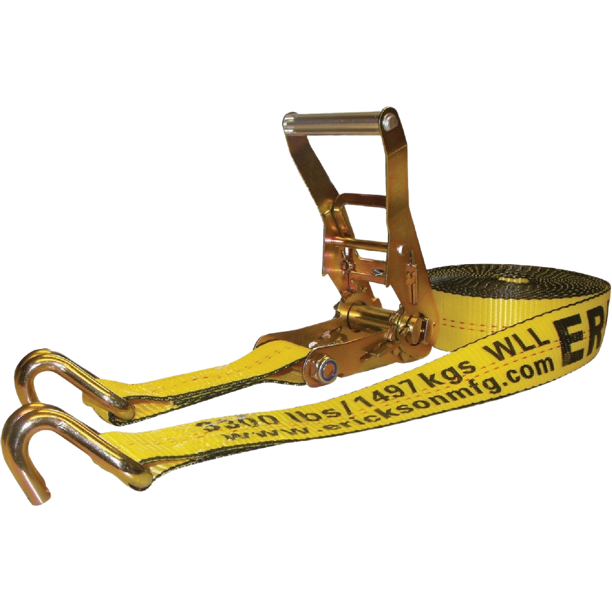 Yellow ratchet strap with gold metal handles and hooks designed for heavy-duty load securing in home improvement projects