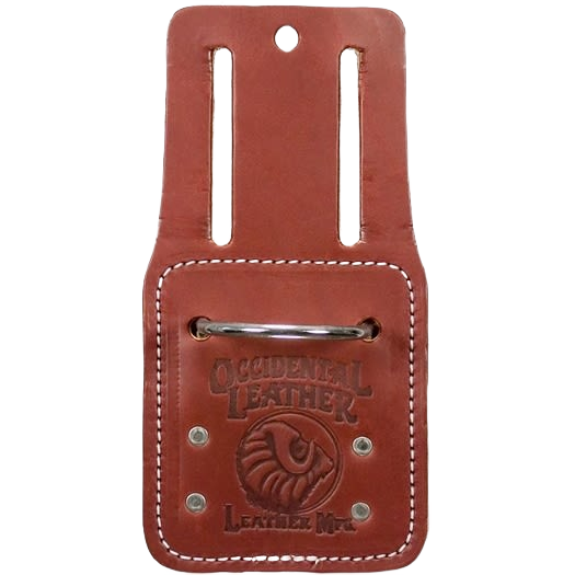 Brown leather hammer holder with metal loop and stitched edges for tools and home improvement use