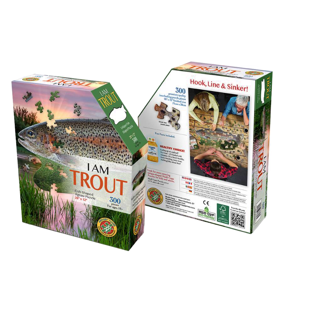 Box showing front and back of a 300-piece trout-shaped puzzle for Toys & Games and Puzzles under $50 collections