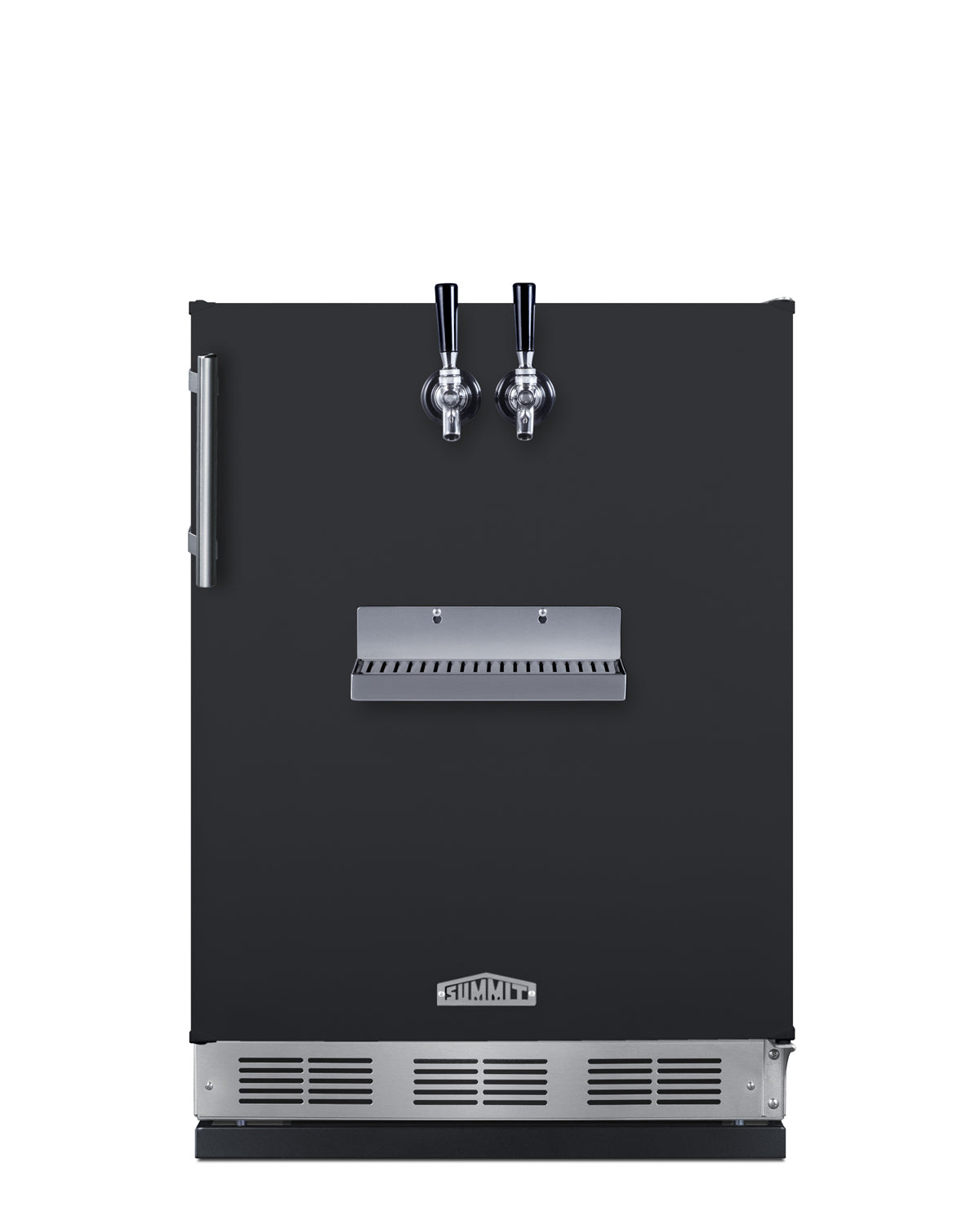 Matte black built-in beer kegerator with dual tap handles and drip tray in kitchen appliances and refrigerators collection