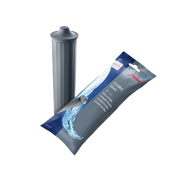 Gray cylindrical water filter cartridge alongside its blue packaging for kitchen water filtration and plumbing use