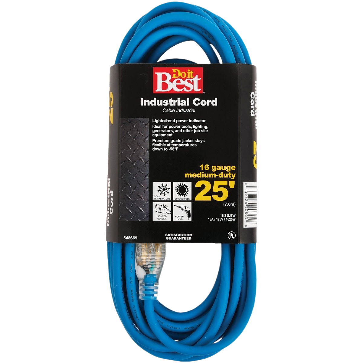 Blue 16 gauge industrial outdoor extension cord, 25 feet long with lighted power indicator for tools and home improvement use