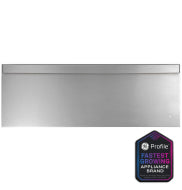 Stainless steel warming drawer front panel with sleek handle for modern kitchen and appliance installation.