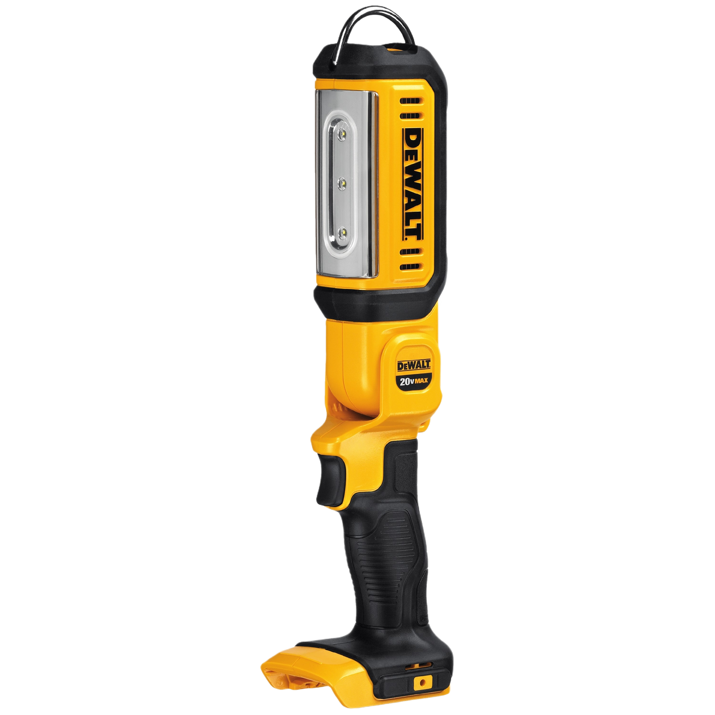 Yellow and black handheld LED work light with pivoting head for versatile job site illumination under $100 collections