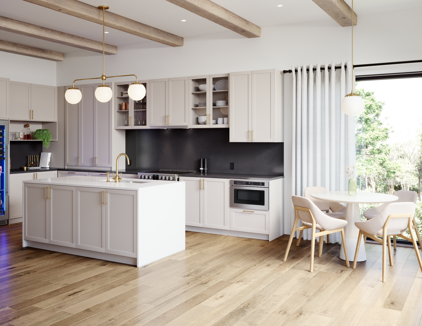Under-counter stainless steel microwave drawer installed in a modern kitchen with white cabinetry, gold hardware, and open shelving, part of built-in microwaves and kitchenware collections.