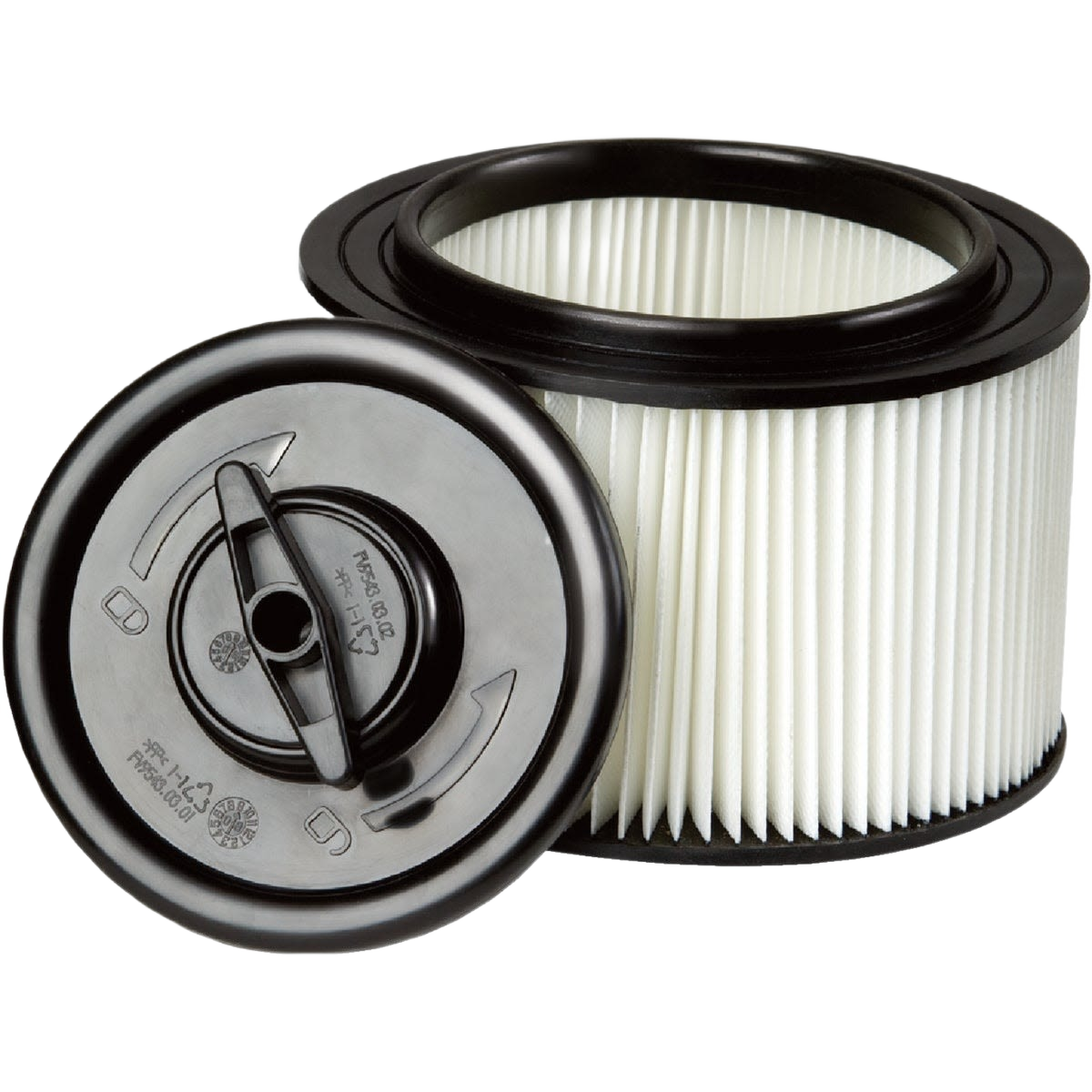 Round cartridge vacuum filter with pleated white paper and black plastic end cap for tools and home improvement