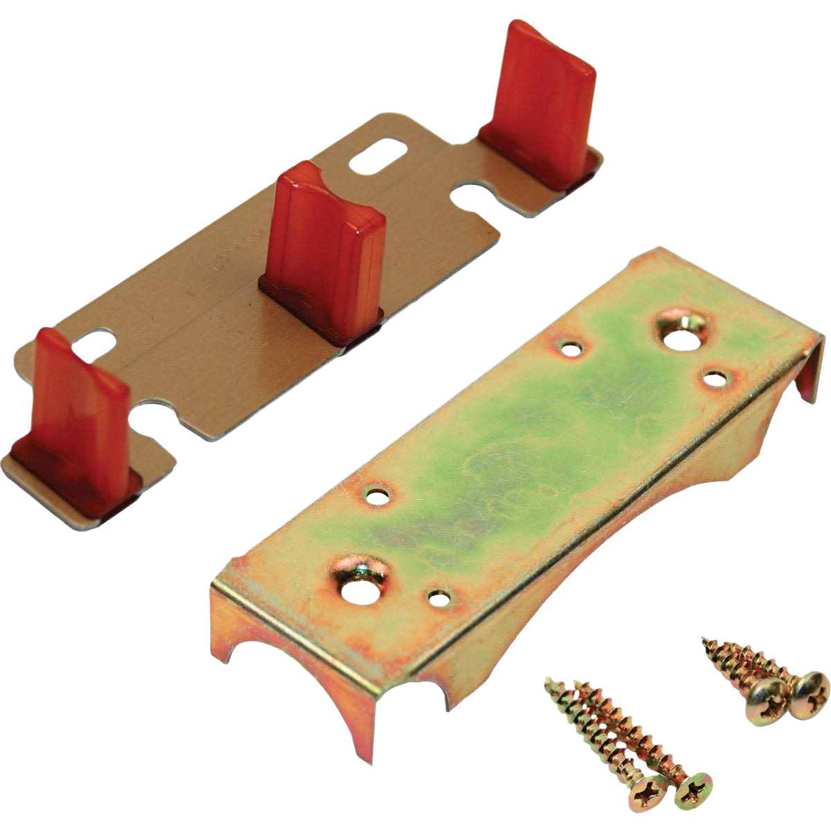 Metal guide and riser components with red plastic tabs and screws for home improvement projects