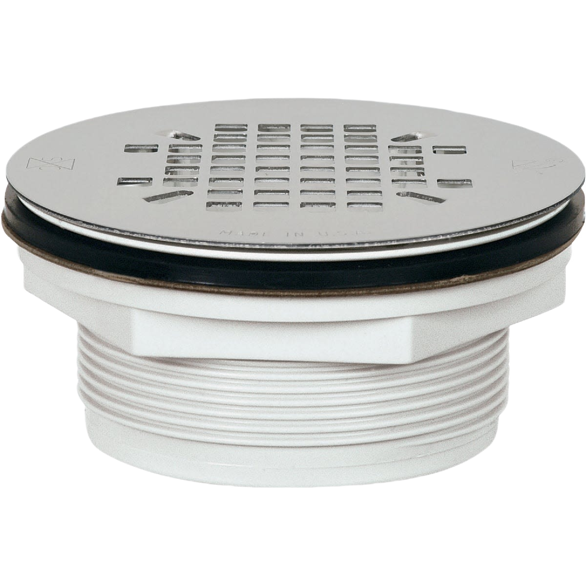 White PVC shower drain with stainless steel snap-in strainer for plumbing, repair, and home improvement projects under $50.