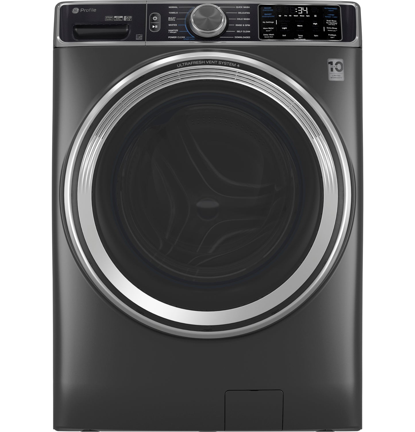 Dark gray smart front load washer with digital display, large door, and UltraFresh Vent System in Washers & Dryers collection
