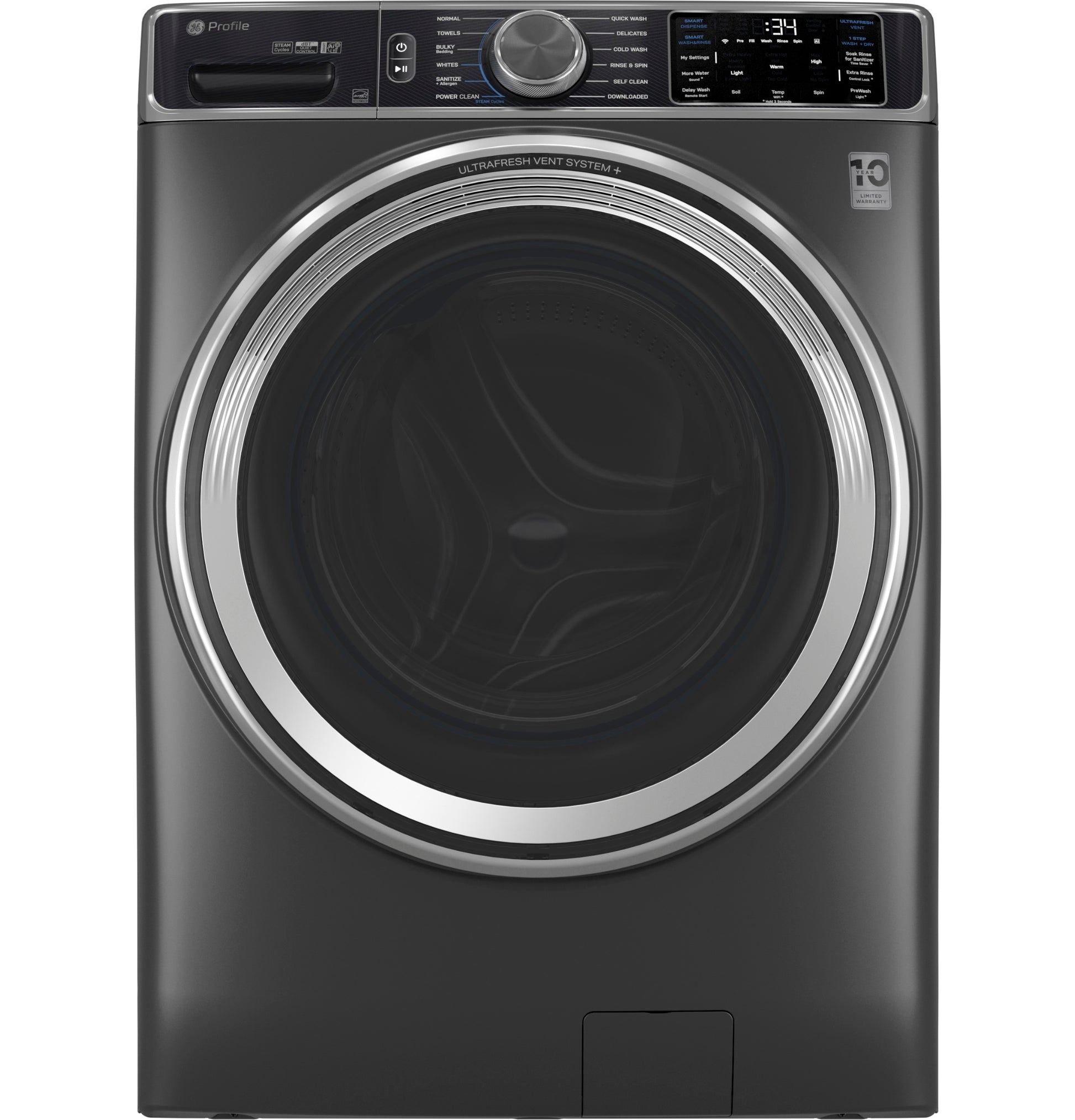 Dark gray smart front load washer with digital display, large door, and UltraFresh Vent System in Washers & Dryers collection