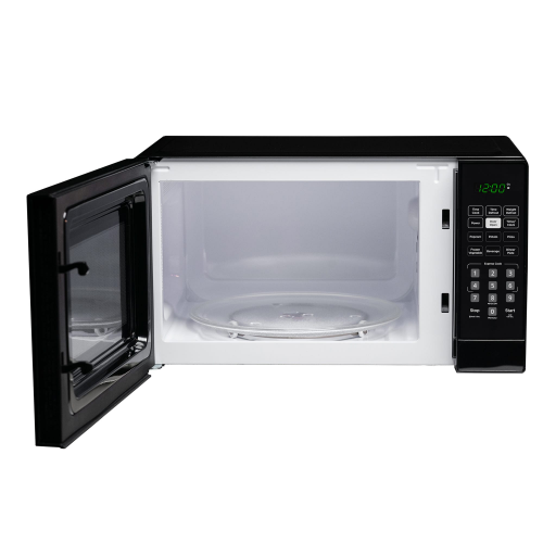 Black countertop microwave with open door, digital keypad, and timer display for kitchen and appliance use