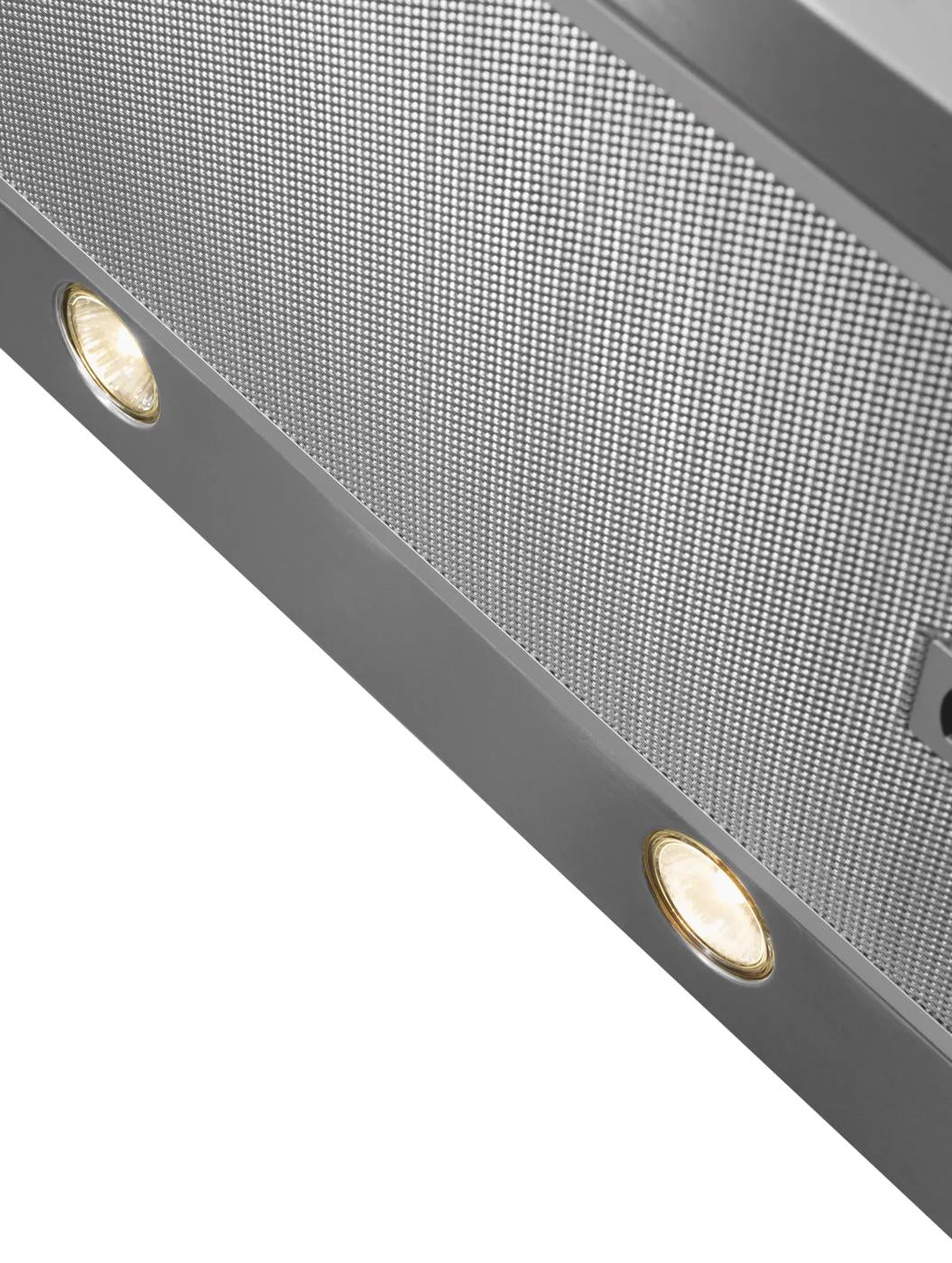 Close-up of stainless steel mesh filter and built-in lights on a wall-mount kitchen range hood from Hartville Hardware collection.